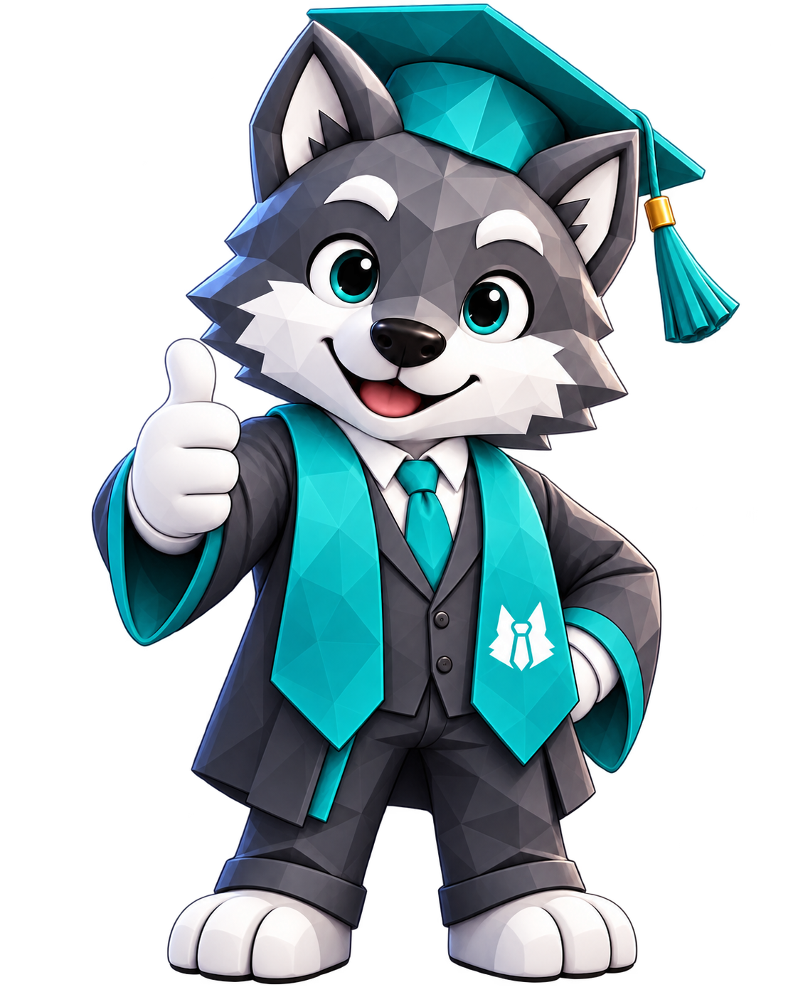 Liam, le loup DOORS, en tenue de diplômé avec sa toque et son écharpe turquoise.